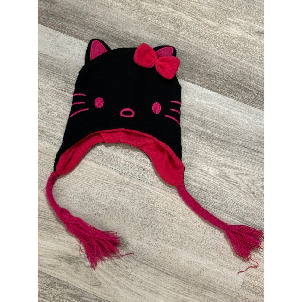 Kids Hello Kitty Black Pink Knit Hat‎ Trapper Earmuffs Tassels Winter